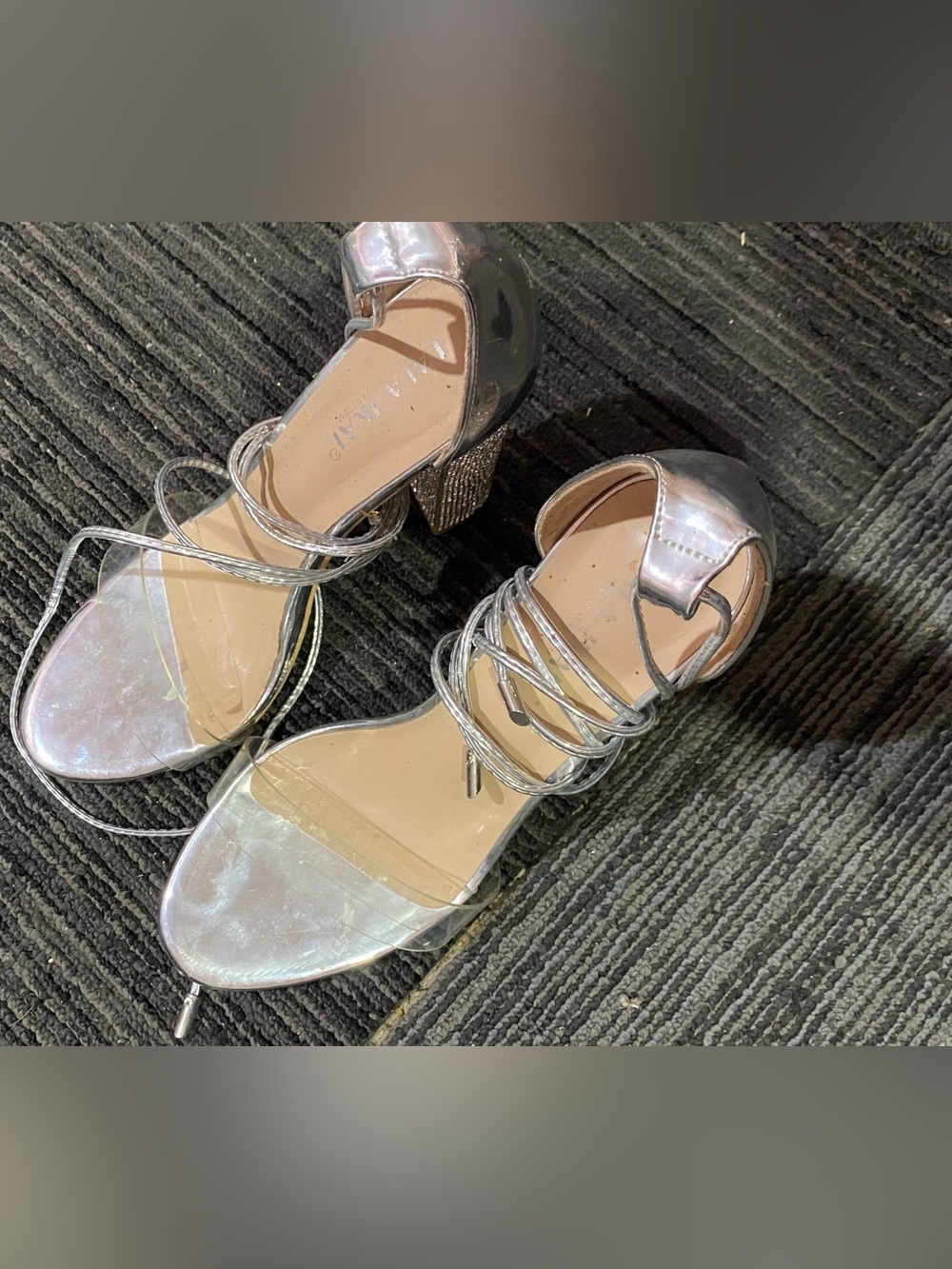 Silver Strappy Block Heel Sandals for Women